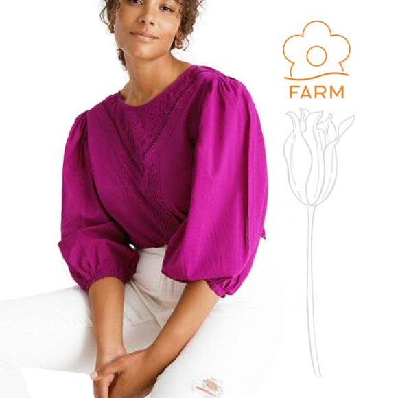 FARM Rio Tops - Farm Rio Purple Puff Sleeve Blouse Embroidered Lace Bib